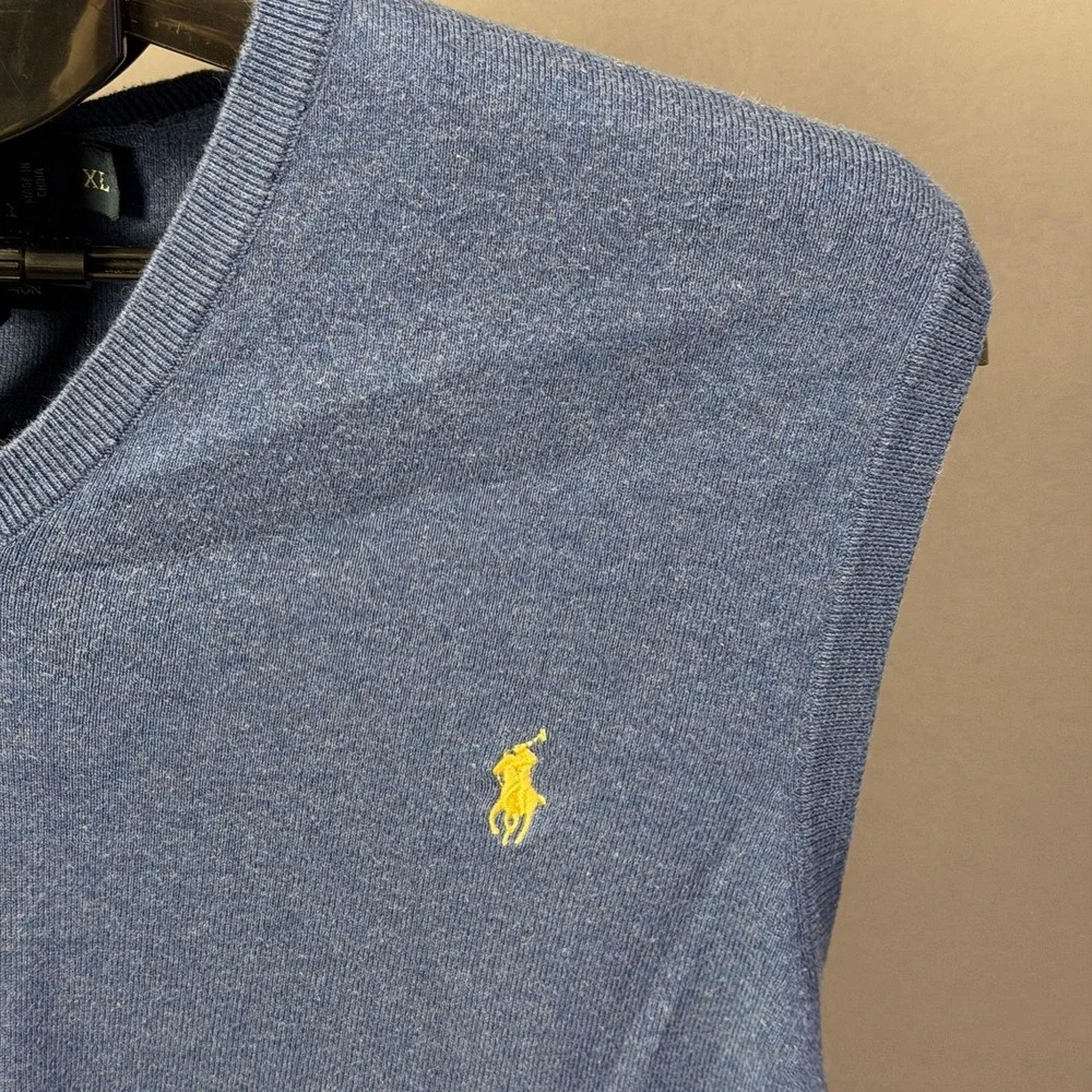 Polo Ralph Lauren Sweater Vest Mens XL Blue Pima Cotton‎ V Neck Knit Pullover